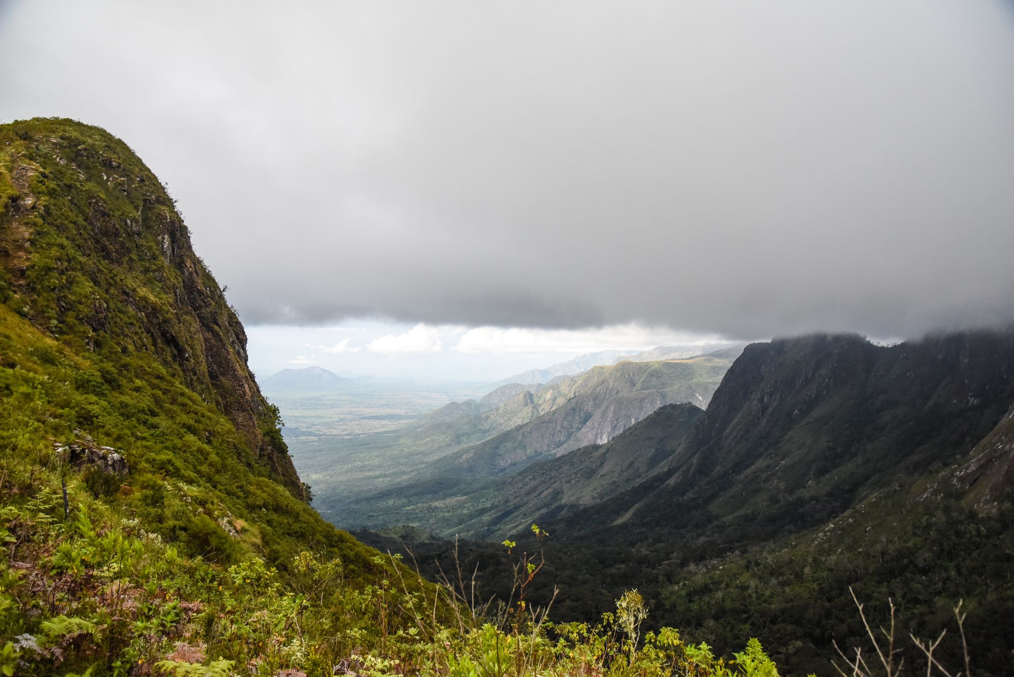 A steep green valley falling away from the Mulanje plateau
